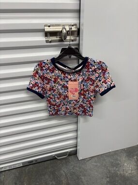 NWT Heart & Hips Multicolor Floral Ringer Crop Top - Navy Trim Juniors S